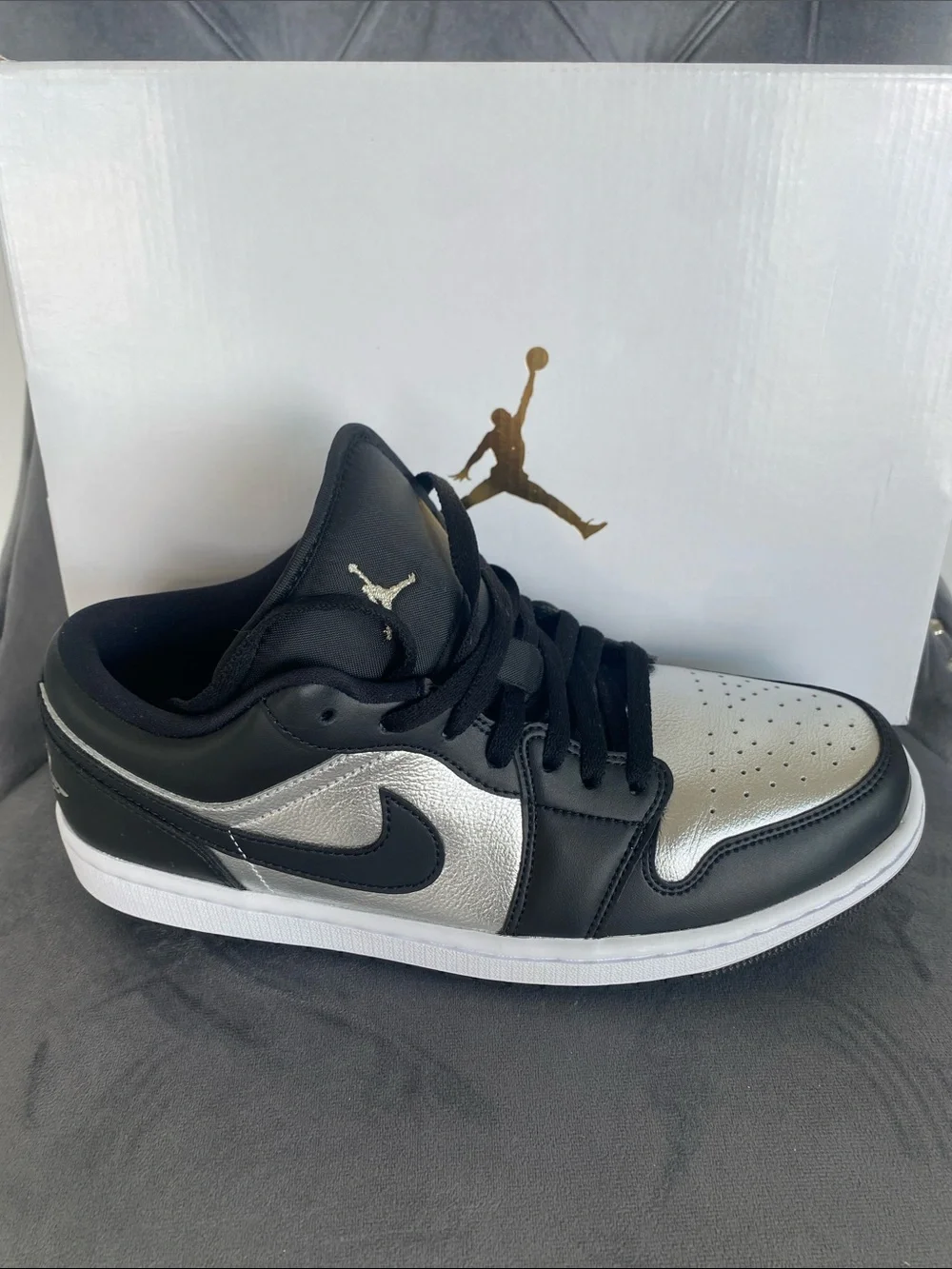 NWT Women’s Jordan 1 Low SE Black and Metallic Silver Low Top Sneakers - Picture 13 of 17